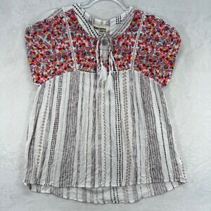 Savanna Jane Floral Peasant Top Boho Tunic Tie Neck White Brown‎ Size S